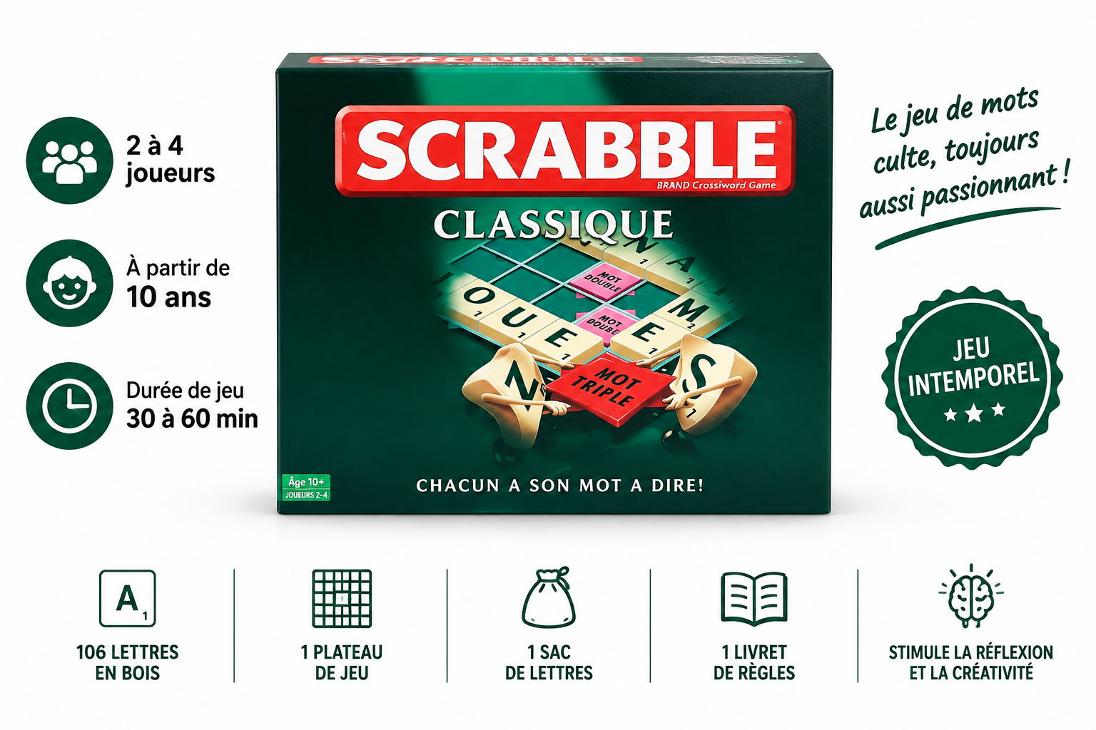 Scrabble Scrabble Classique : jeu de mots, dès 10 ans - Édition française